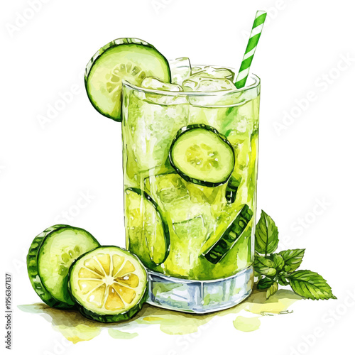 watercolor of Cucumber Lemonade illustration graphic, isolated on a white background.