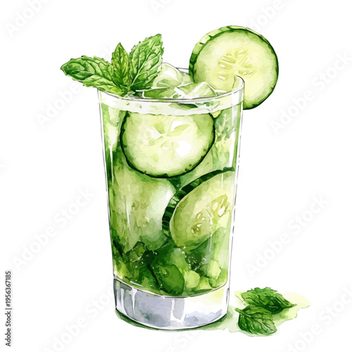 watercolor of Cucumber Mint Cooler illustration graphic, isolated on a white background.