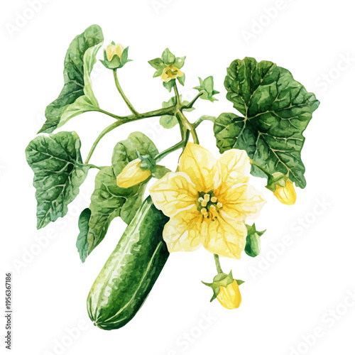 watercolor painting of Cucumber Blossom Branch, isolated on a white background.