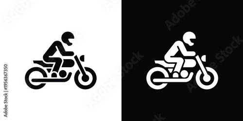 Black and white motorcycle rider silhouettes on split color background