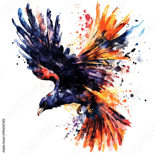 Crow, watercolor illustration featuring playful movement and lively expressions, isolated on a white background.
