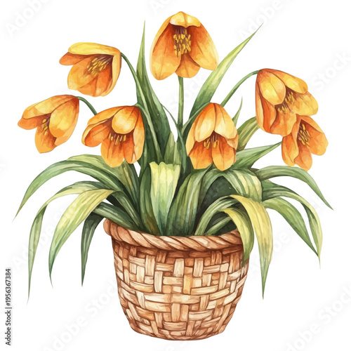 Crown Imperial Bouquet In A Basket, watercolor illustration featuring playful movement and lively expressions, isolated on a white background.