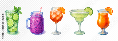 Colorful cocktail and smoothie collection with cucumber drink, berry shake, spritz, margarita and citrus beverages in soft watercolor style for menu and party design. Vector illustration