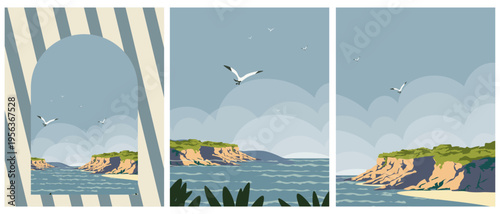 Summer seascape set of backgrounds, banners, postcards, covers
