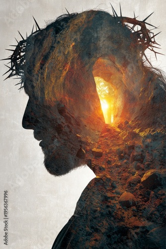 Resurrection scene jesus double exposure spiritual art dramatic lighting side view faith concept