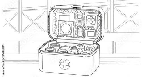 First Aid Kit with Medical Supplies Line Art Illustration, Emergency Medical Bag Coloring Page, Health and Safety Concept Drawing