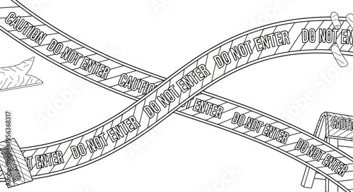 Black and White Line Art of Crossed Caution Do Not Enter Tape Coloring Page Illustration