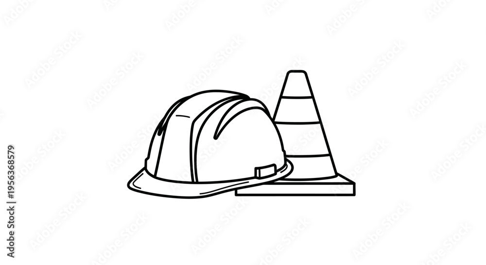 Fototapeta premium Construction Safety Hard Hat and Traffic Cone Line Art Illustration Icon