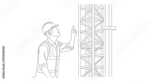 Continuous Line Drawing of a Construction Worker in a Hard Hat and Safety Vest Pointing at a Scaffolding Tower on a Building Site