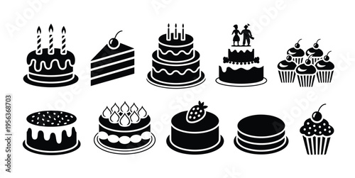Bakery Cake Silhouette Icon Collection for Sweet Food Projects