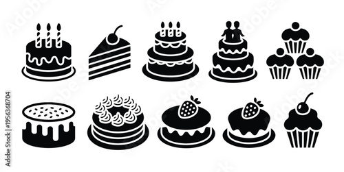 Bakery Cake Silhouette Icons for Pastry and Dessert Culinary Design