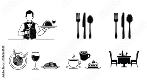 Elegant restaurant icons waiter service dinnerware and dining settings