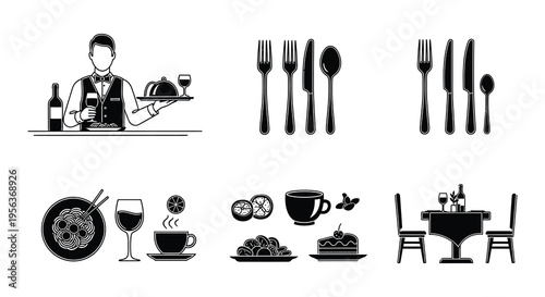 Elegant restaurant icons waiter service dinnerware and dining settings