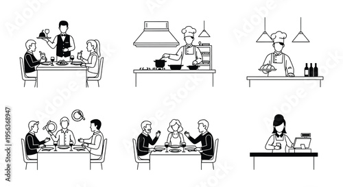 Elegant restaurant icons waiter service dinnerware and dining settings