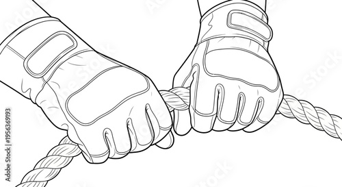 Hands in Protective Gloves Pulling Thick Rope Tug of War Line Art Illustration