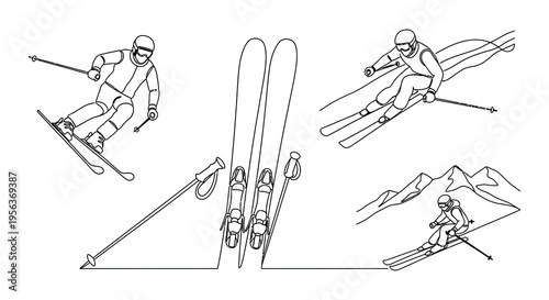 Line art illustration depicting skiers in action and winter equipment