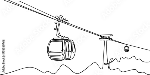 Cable car continuous one line drawing, continuous line drawing of cable car.one line drawing of cable car transportation in mountainous areas for tourism. single line vector illustration. isolated