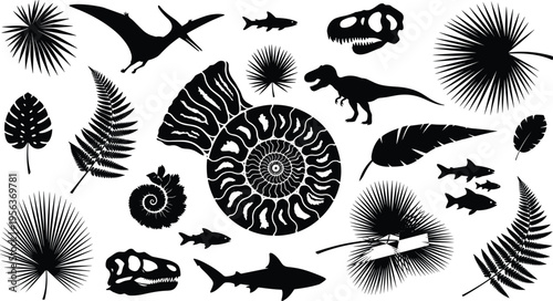 Prehistoric silhouettes, dinosaur icons, Tyrannosaurus rex, Pteranodon, shark fossil, ammonite, fern leaves, palm trees, natural history, paleontology illustration, 