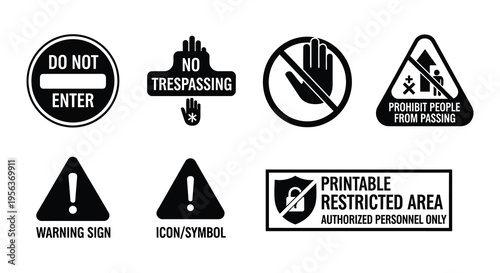 Collection of warning and prohibition signs with text and symbols