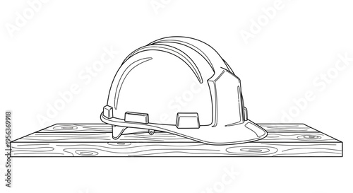 Construction Safety Hard Hat on Wooden Plank Line Art Illustration - Vector Coloring Page for Industrial Safety and Engineering Concepts