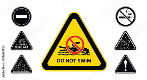 Warning sign depicting crocodiles and prohibiting various water activities