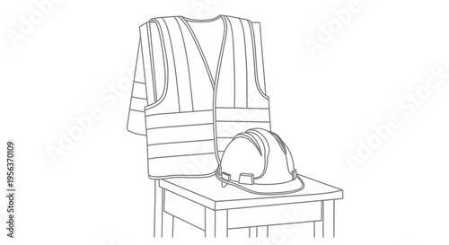Construction Safety Vest and Hard Hat on a Chair Line Drawing Illustration, High-Visibility Gear and Helmet Outline Art
