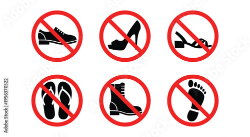 No shoes allowed various footwear types prohibited with red circles