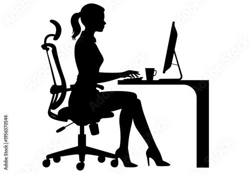Silhouetted professional woman sitting at a desk and working on a desktop computer in office, Female office worker or secretary silhouette typing a keyboard at a modern workspace vector illustration