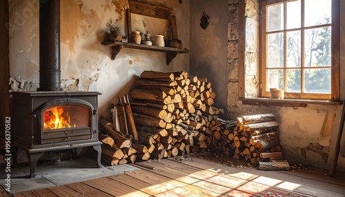 Wallpaper Mural Cozy Rustic Cabin Interior with Burning Fireplace and Stacked Firewood. Torontodigital.ca