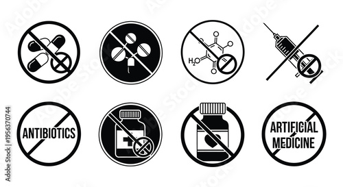 Prohibited medicine and drug symbols antibiotics chemicals and artificial compounds