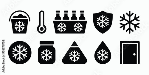 Cold Storage Refrigeration Solid Icon Set with Cooler and Temperature Symbols