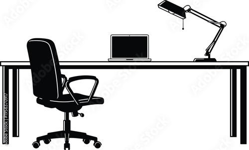 Office desk, swivel chair, laptop computer, desk lamp, workspace illustration, minimalist design, home office, 