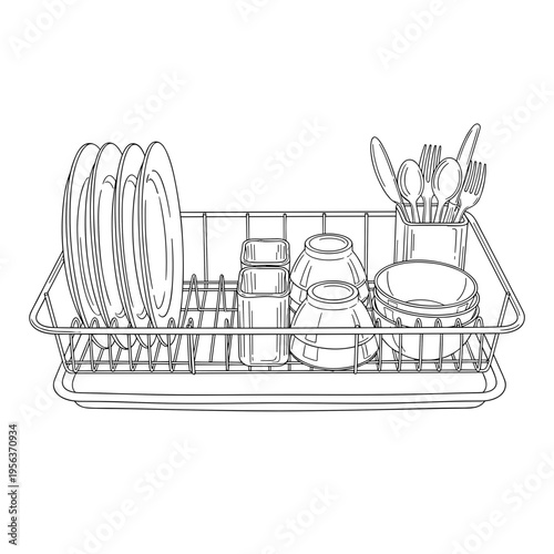 Dish drying rack with plates cups and utensils line drawing