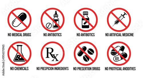 Prohibited medicine and drug symbols antibiotics chemicals and artificial compounds