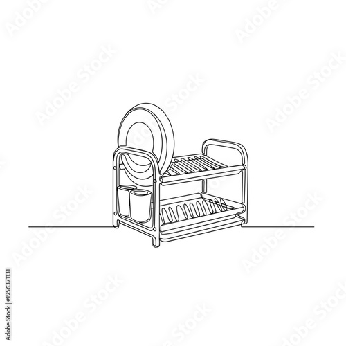 Two tier dish drying rack with plates line drawing background