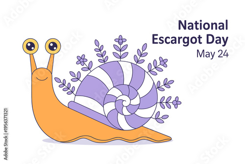 Cute cartoon snail with purple shell and leaves on National Escargot Day May 24
