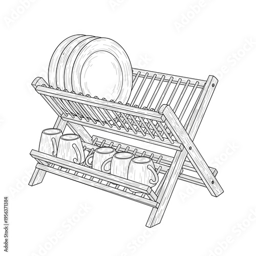 Wooden dish drying rack with plates and cups line drawing