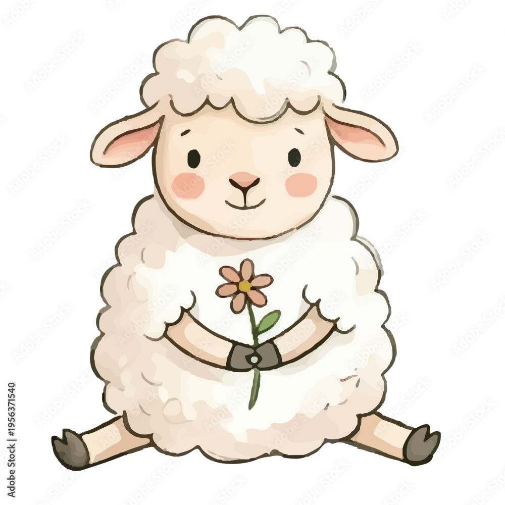 Fototapeta premium Cute cartoon sheep vector illustration of a happy fluffy lamb character isolated on white background