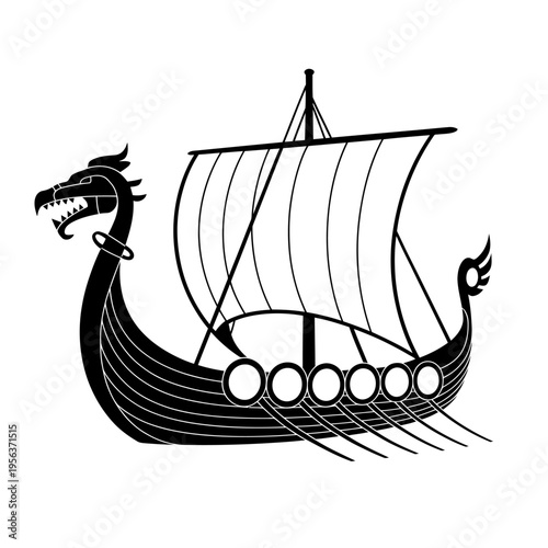 Viking longboat with dragon head and sail isolated on transparent background