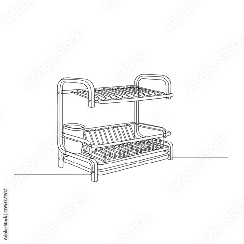 Two tier dish drying rack with tray line drawing background