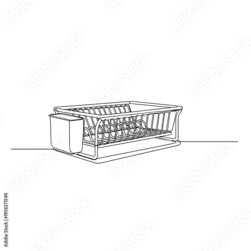 Plastic dish drying rack with utensil holder line drawing background