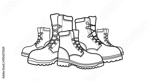 Collection of Work and Combat Boots Line Art Illustration for Safety and Outdoor Design