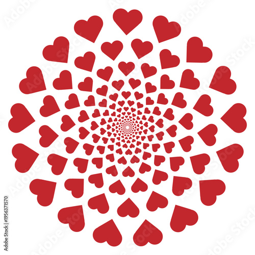 Seamless circular mandala pattern made of hearts arranged from small to large. Heart mandala pattern in circular arrangement