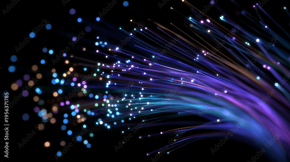 Obraz premium Close-up of a colorful fiber optic bundle, strands fanning out slightly at the ends, glowing softly, highlighting the efficiency of modern data transfer and communication infrastru