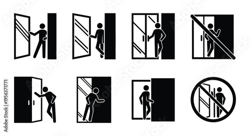 Stick figures interacting with doorways in various poses and positions