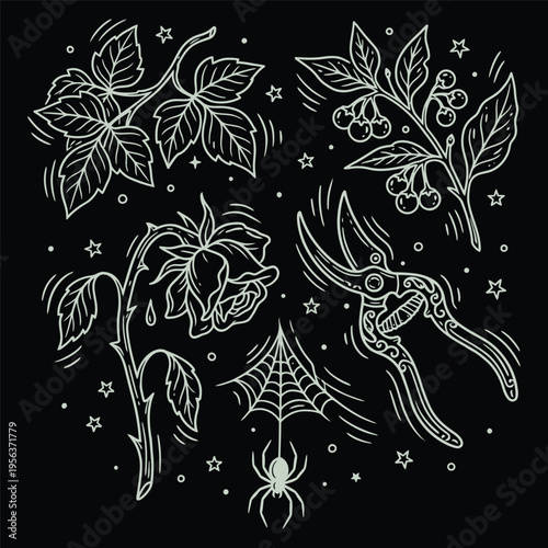 Mystical garden botanical illustration with rose and shears