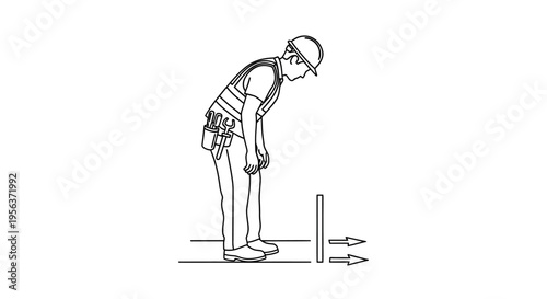 Construction Worker Line Art Illustration Inspecting Safety Boundary - Laborer in Hard Hat and Reflective Vest Looking Down - Industrial Site Safety Concept