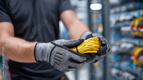 Close-up of gloved hands holding a yellow fiber cable bundle, Velcro straps keeping cables neatly together, organized server rack in the background, emphasizing structured and clea