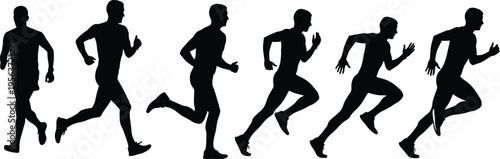 Collection of six male runner silhouettes, black vector icons of men sprinting and jogging isolated on white