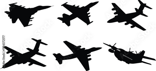 Collection of six military aircraft silhouettes, black vector icons of fighter jets and cargo transport planes isolated on white.